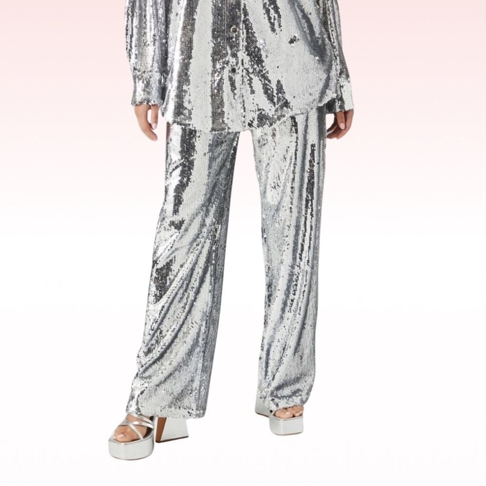FOREVER 21 Silver Sequin Wide Leg Pants (Sz M)